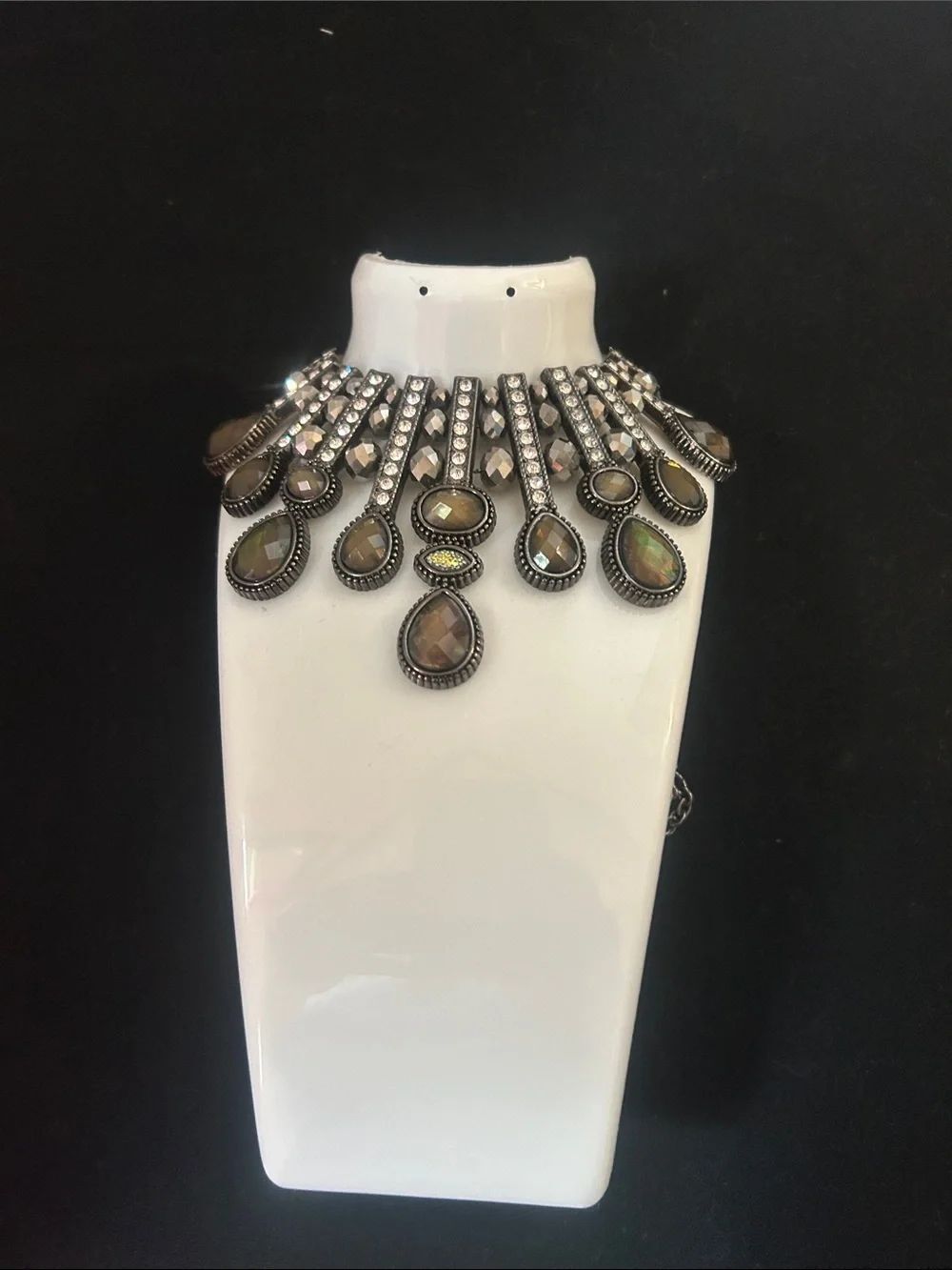 Statement Teardrop Bib Necklace in Antique Silver with Iridescent Stones